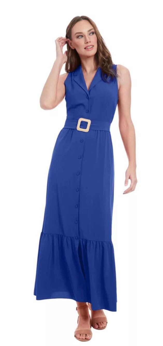 London Times Women's Sleeveless V-Neck Belted Dress NWT Size L